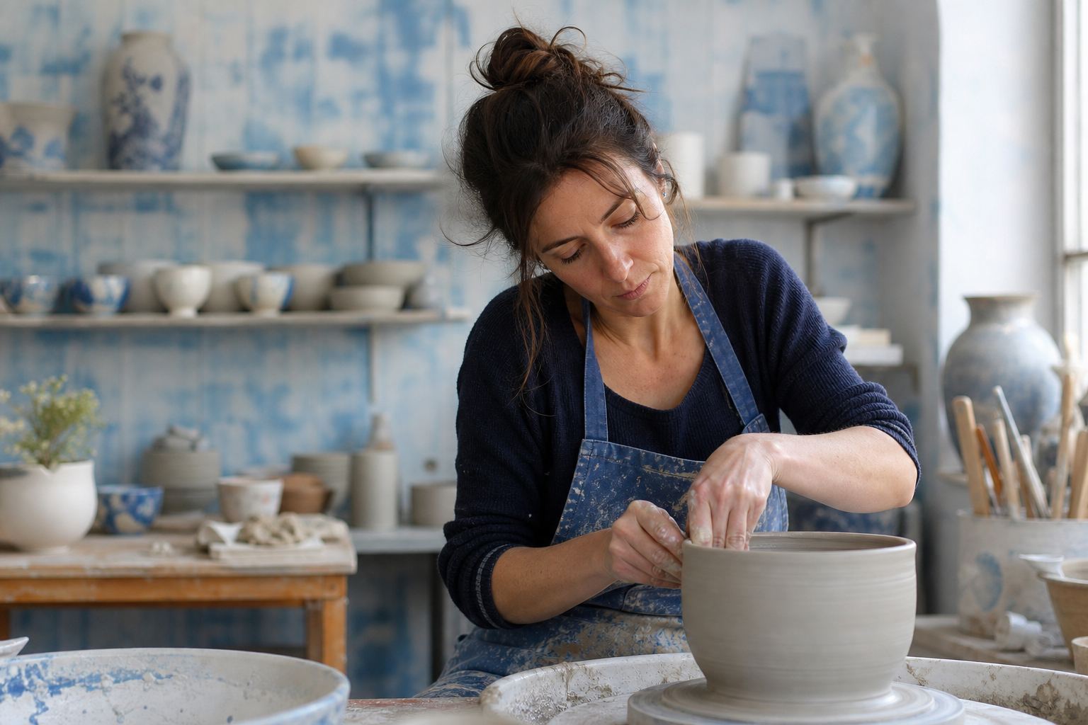 Portrait d'une céramiste dans son atelier